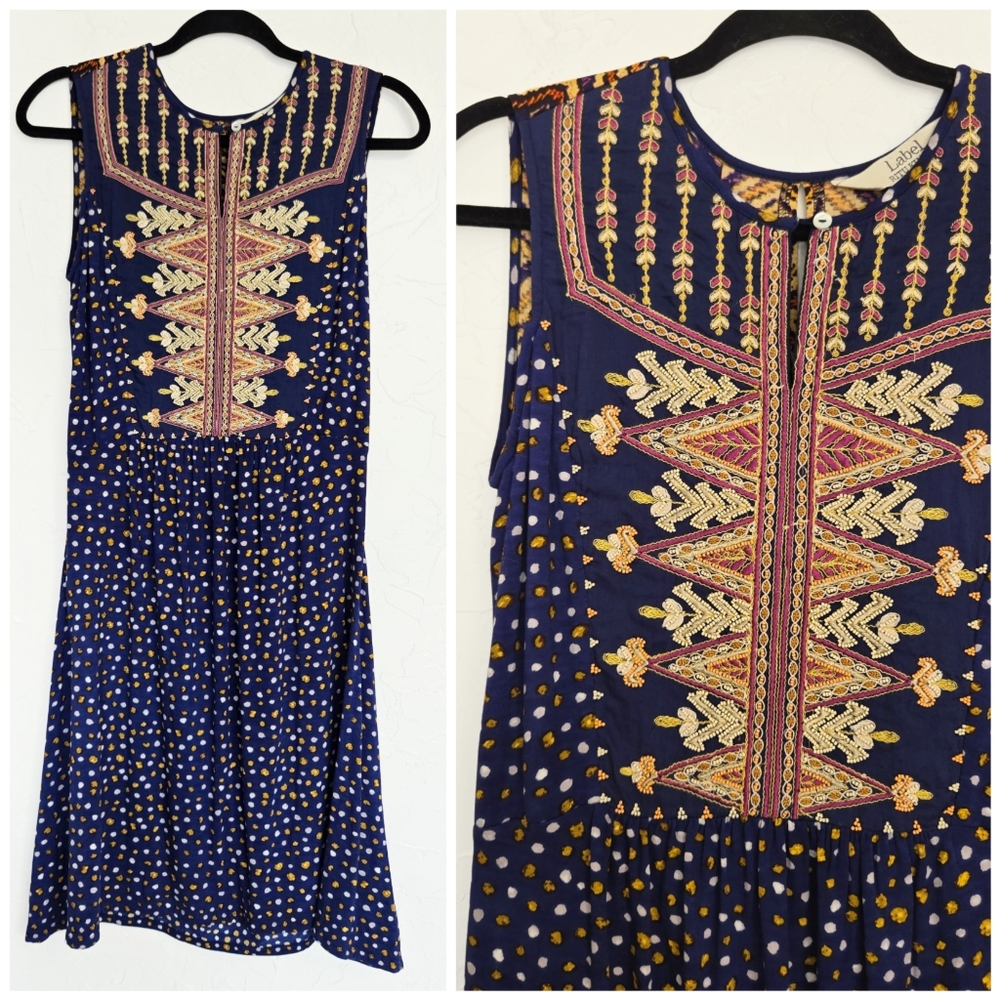 Label Ritu Kumar Beaded Embroidered Boho Blue Yellow Dress, S